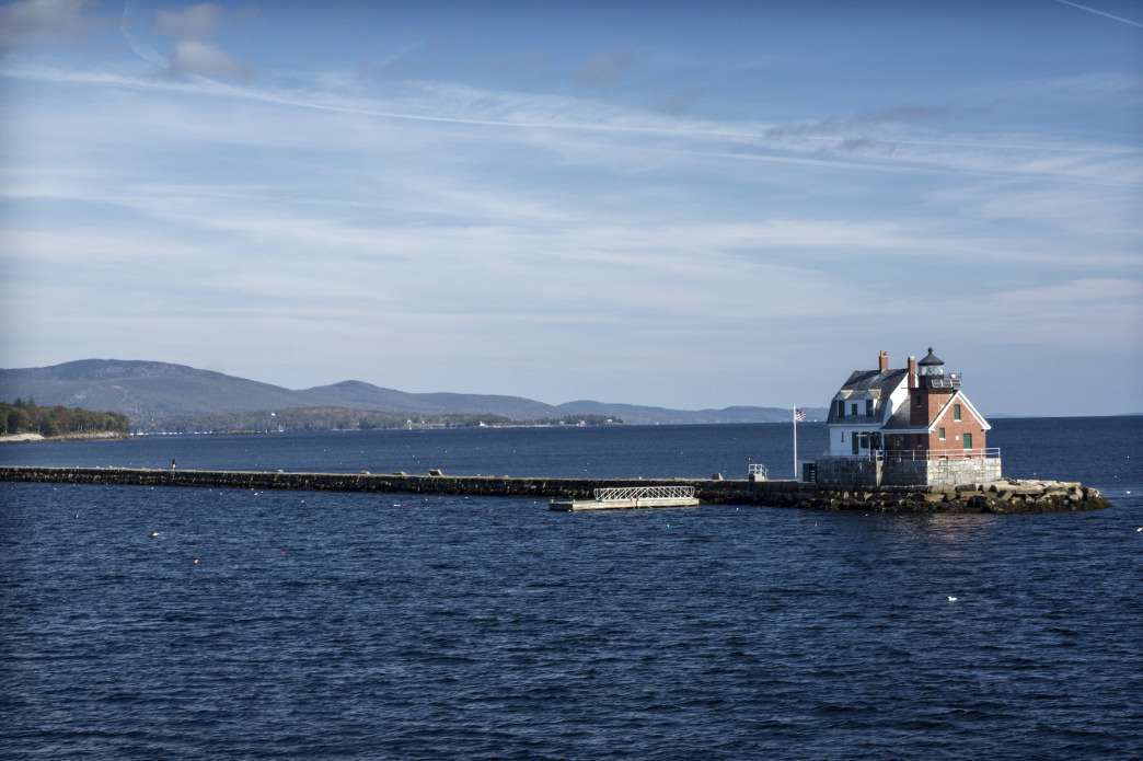 The walkable granite breakwater extends 4,346 feet, eight tenths of a mile, from Jameson Point into Rockland Harbor.