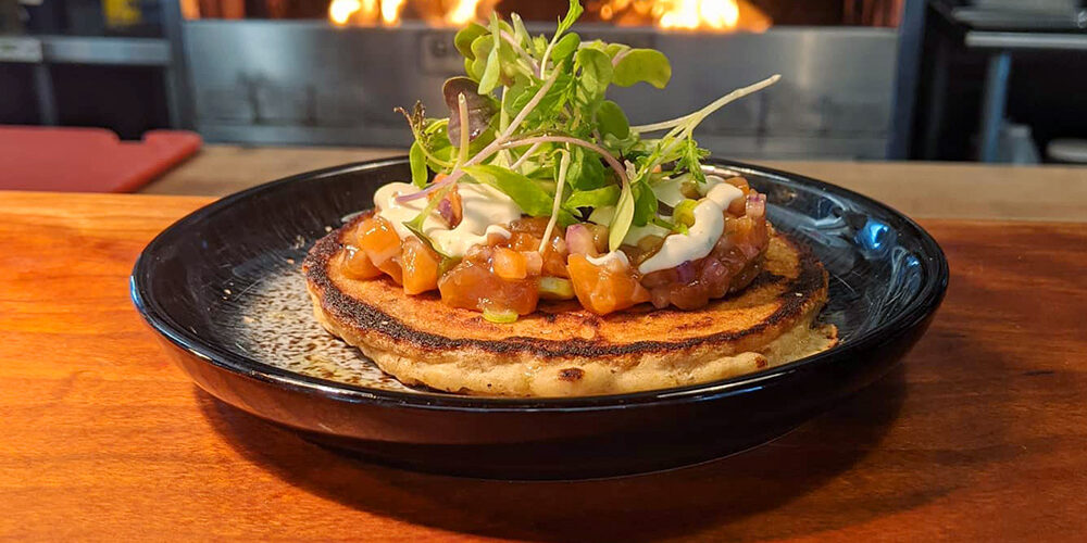 Jonny cakes, with salmon and tartare, and miso creme fraiche at the River House, Damariscotta, Maine