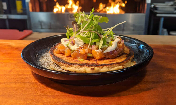 Jonny cakes, with salmon and tartare, and miso creme fraiche at the River House, Damariscotta, Maine