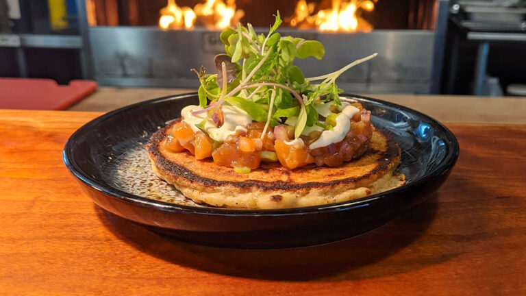 Jonny cakes, with salmon and tartare, and miso creme fraiche at the River House, Damariscotta, Maine