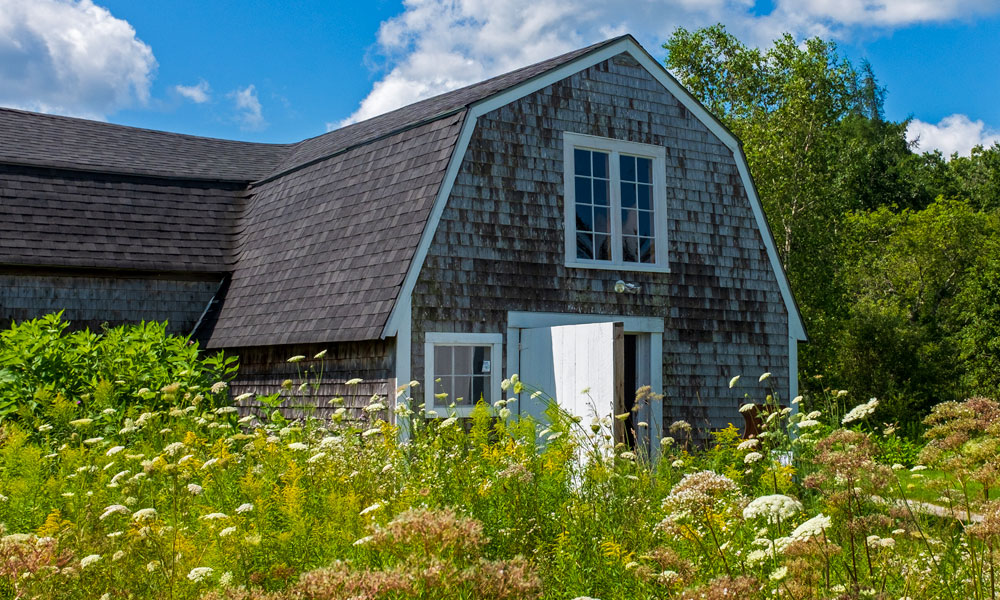 Barn workshop entrance, Langlais Art Preserve, Cushing, Maine