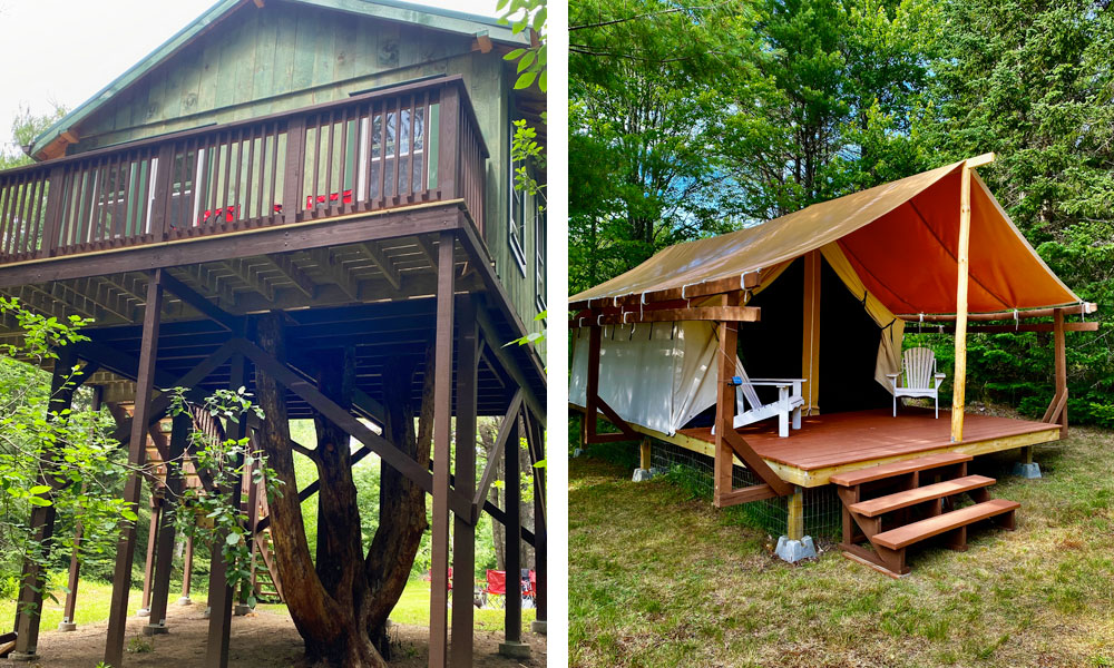 Treehouse and tent on platform at Porcupine Creek Rustic Camping in Liberty, Maine