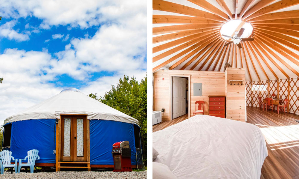 Exterior and interior of Stockton Harbor Yurts