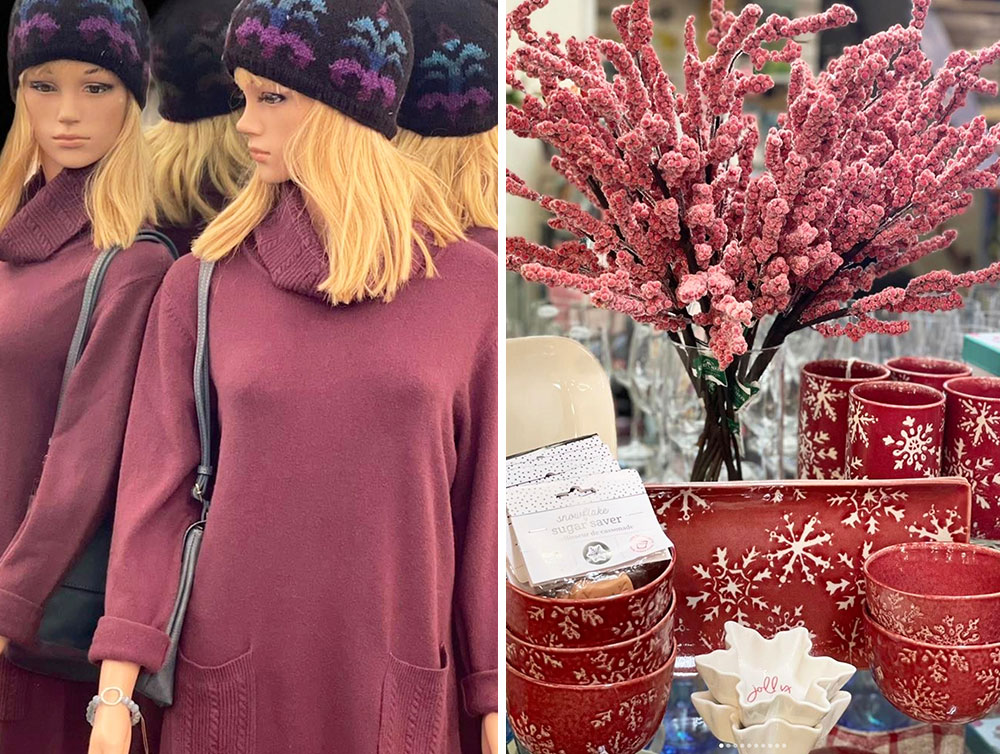 Women's sweater and store display at The Grasshopper Shop. Stores in Rockland and Belfast, Maine