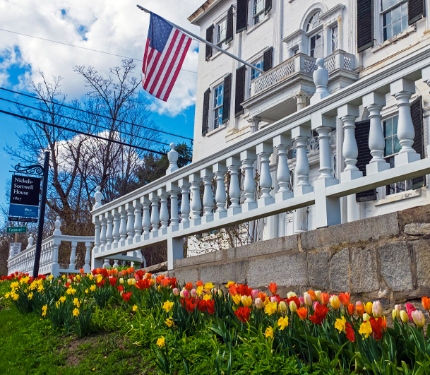 Tulips in front of the Nickels Sortwell House in Wiscasset