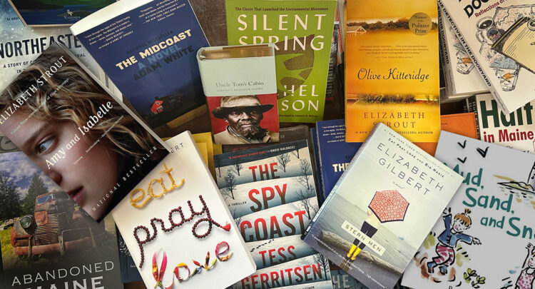 Photo collage of books by MidCoast Maine writers including Elizabeth Strout, Adam White, Rachel Carson, Harriet Beecher Stowe, Elizabeth Gilbert, Tess Gerritsen