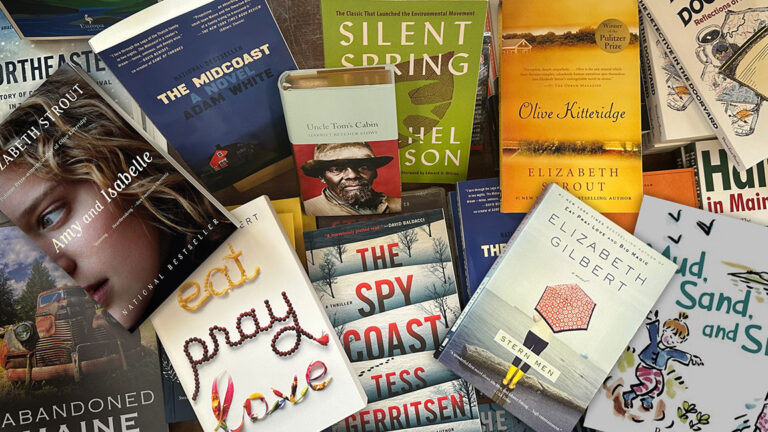 Photo collage of books by MidCoast Maine writers including Elizabeth Strout, Adam White, Rachel Carson, Harriet Beecher Stowe, Elizabeth Gilbert, Tess Gerritsen