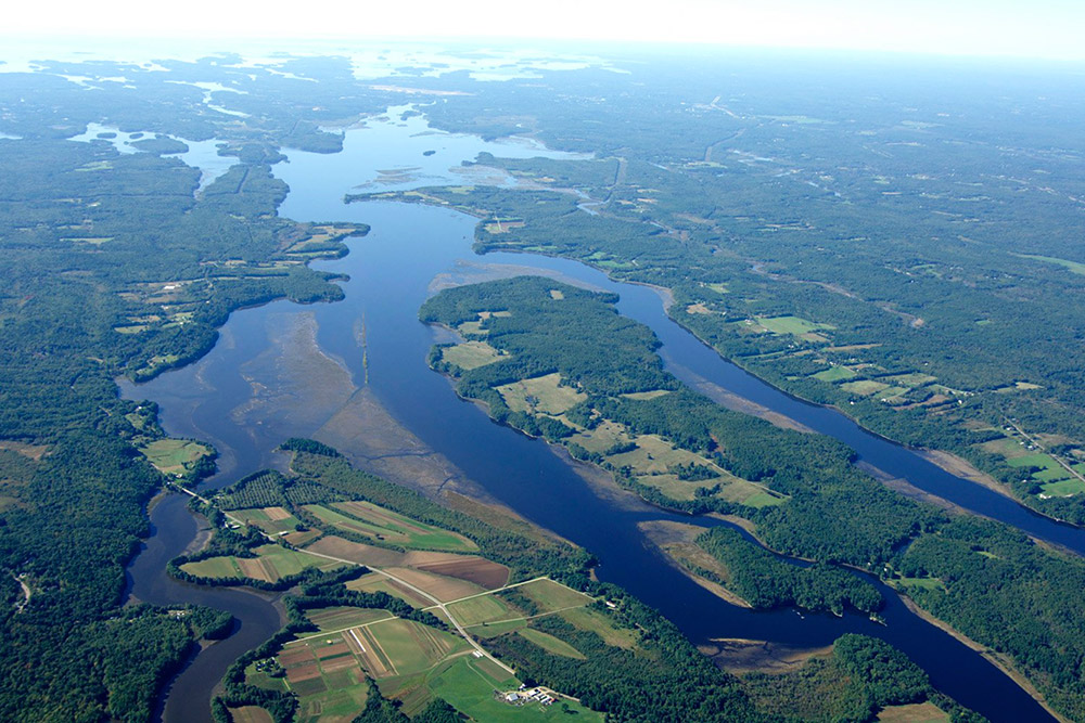 Aerial view of Merrymeeting Bay in Bath, Maine