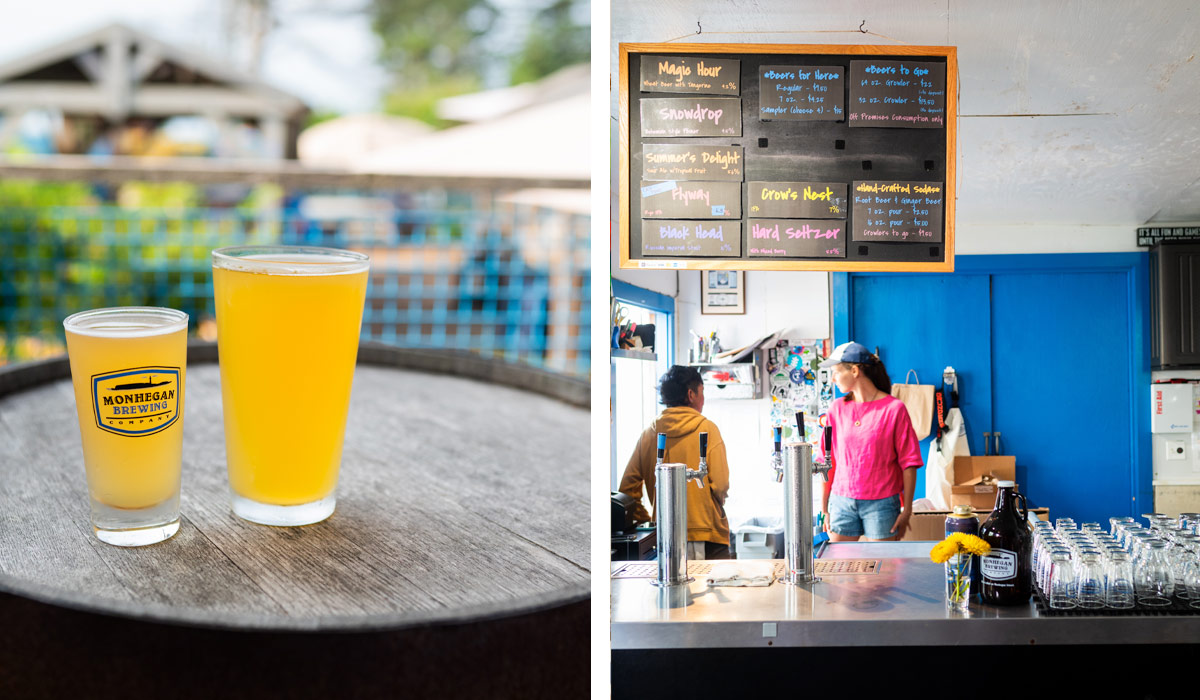 Glass of beer and brew list sign at Monhegan Brewing, Monhegan Island, Maine