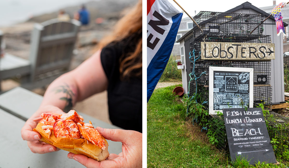 Lobster roll and "lobsters" sign at The Fish House, Monhegan Island, Maine