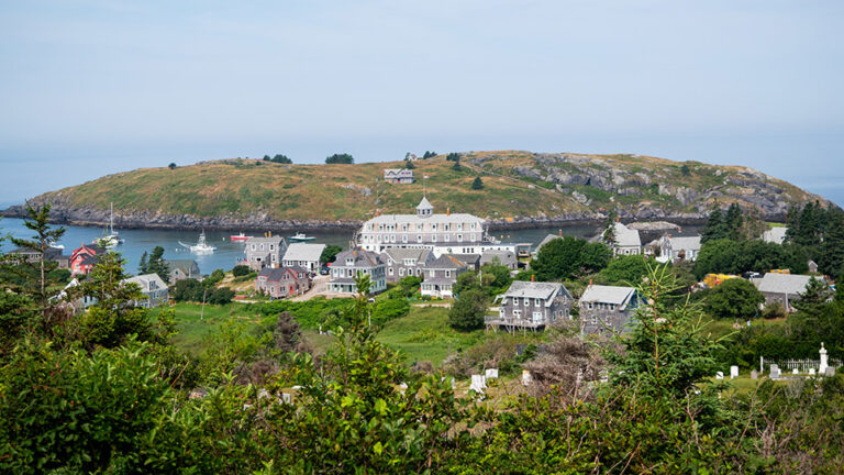 Wide view of Monhegan Island and hte ocean behind it, Monhegan, Maine