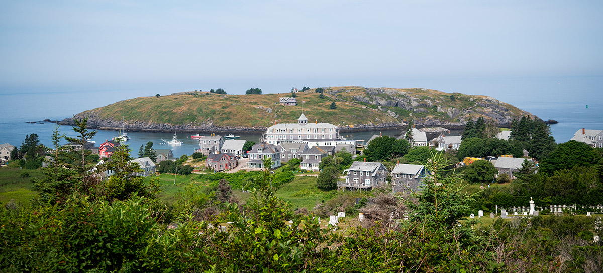 Wide view of Monhegan Island and hte ocean behind it, Monhegan, Maine