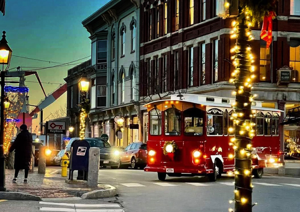 Trolley in downtown Bath, Maine, part of Bath's Old Fashioned Christmas festivities