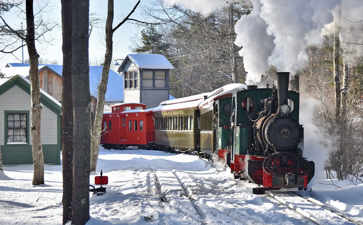 Steam train at the Boothbay Railway Village Museum in winter, Boothbay, Maine