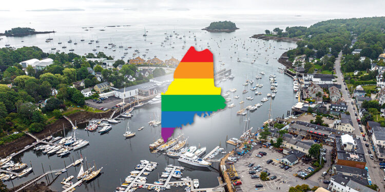 MidCoast Pride. Aerial photo of Camden Harbor with rainbow state of Maine graphic