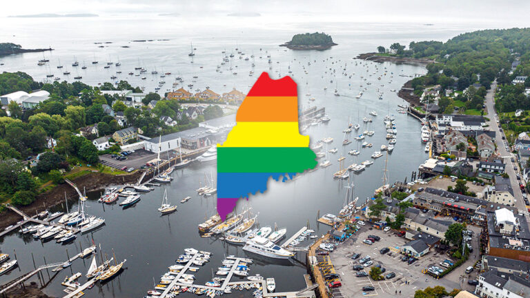 MidCoast Pride. Aerial photo of Camden Harbor with rainbow state of Maine graphic