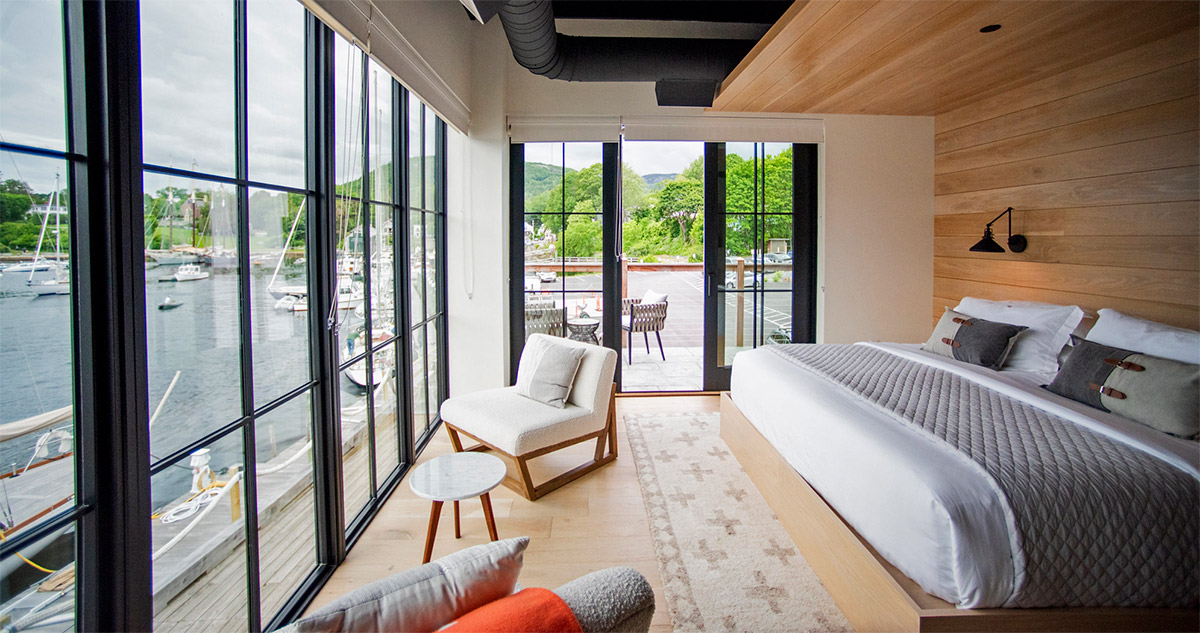 Water view hotel room interior