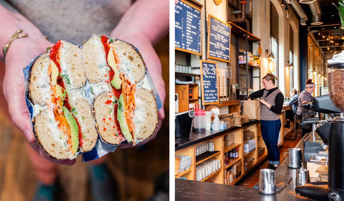 A bagel sandwich and the coffee counter at Dutchman's in Brunswick, Maine