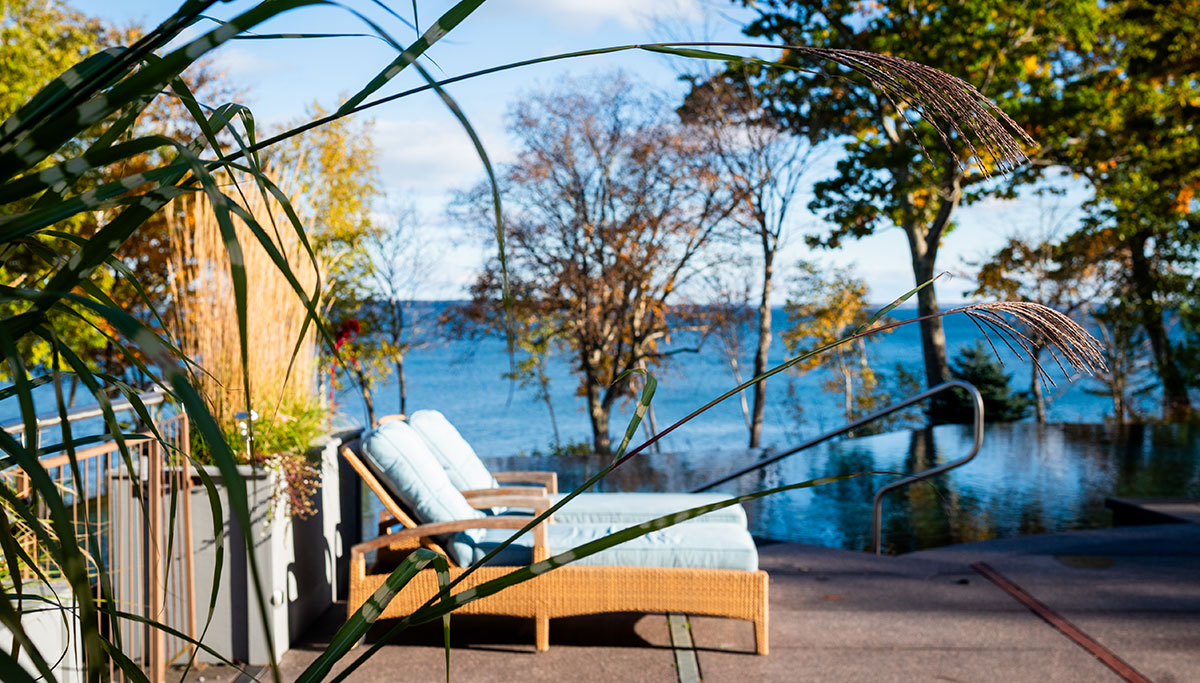 Outdoor lounge chairs at The Inn at Ocean's Edge, in Lincolnville, Maine