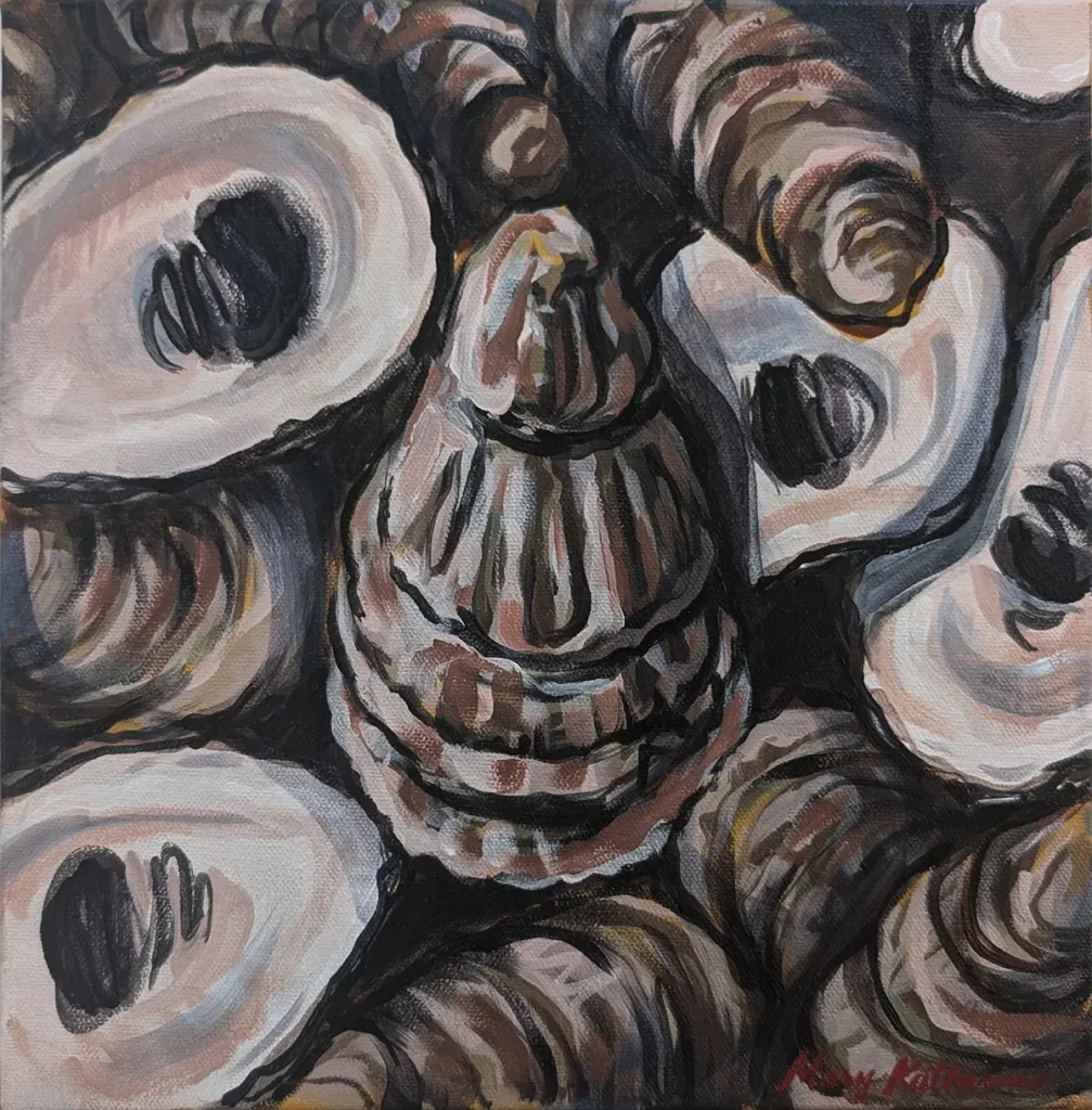 Damariscotta River Oysters 1 by Katey Lapinski, at Pemaquid Art Gallery, in Pemaquid Point, Bristol