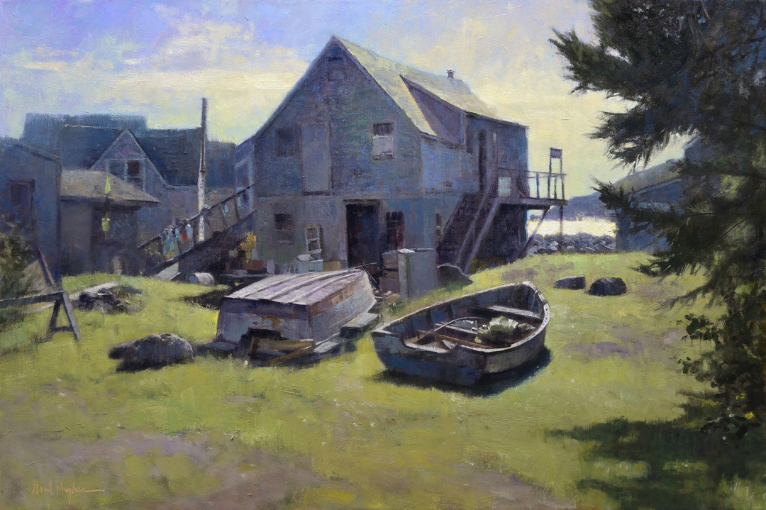 Rowboats, Monhegan Island, oil, 24" x 36" by Neal Hughes, image courtesy of Sylvan Gallery